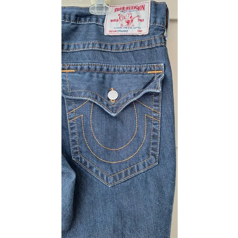 True Religion World Tour Men's Straight Flap Blue Jeans 100% Cotton Size 38x33